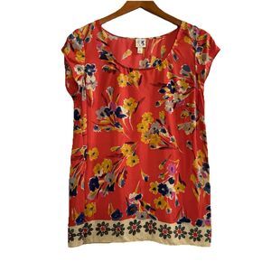 Edme & Esyllte Anthropologie Silk Floral Blouse Womens 6 Coral Short Sleeve Top